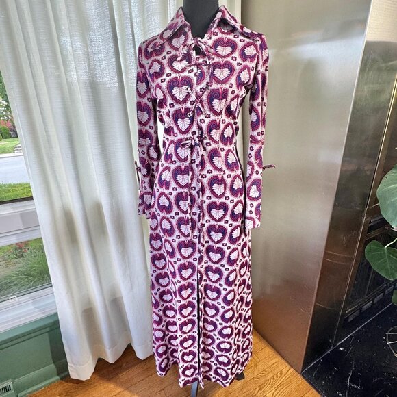 Vintage 60s dress, red, blue psychedelic print, Mod maxi gown, dagger lapels - Picture 3 of 9